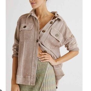 PILCRO ANTHROPOLOGIE Women’s Taupe Mixed Fabric Ribbed Knit Shacket Cotton